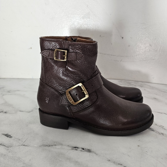 FRYE Vicky 6 Leather Ankle Moto Buckle Brown Boots 6 New...